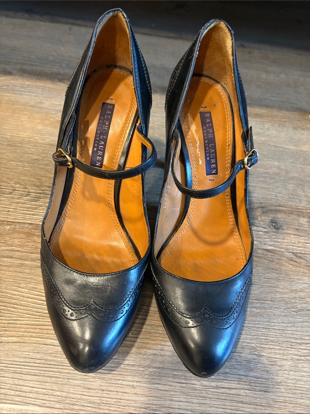 Ralph Lauren Black Leather Mary Jane Heels with Brogue Detail